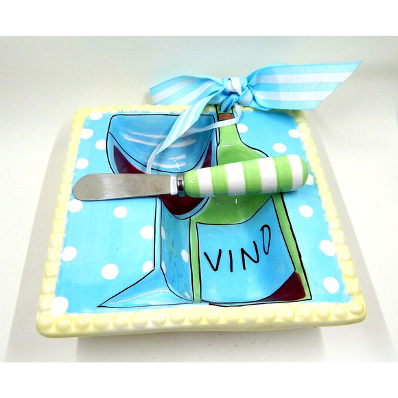 Mudpie Vino Cheese Bowl Appetizer Dip Spread And Spreader Pastel With Polka Dots - Picture 4 of 10